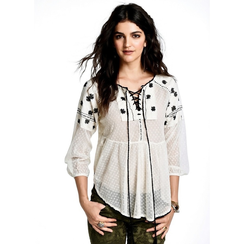Free People Star Dust Mesh Roses Are Red Embellished Gauze Lace Up Tunic Top S